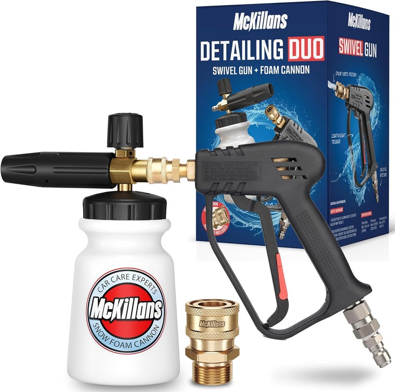 McKillans Pressure Washer Gun with Swivel & Foam Cannon Wide Mouth & M22-14mm Adapter - Adjustable Thick Foam - Power Washer Gun - 3/8" Male Plug & 1/4” Quick Connector Coupler - Image 1